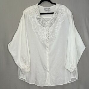 VTG August Max Woman Button Down Blouse  Lace Collar‎ White Plus  Sz 22W